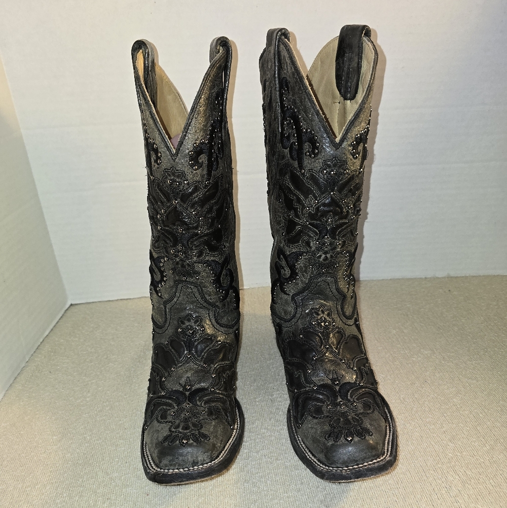 Corral Vintage Dark Gray/Black Crater Inlay Embroidered Studs Boots size 5 1/2 - Picture 3 of 9